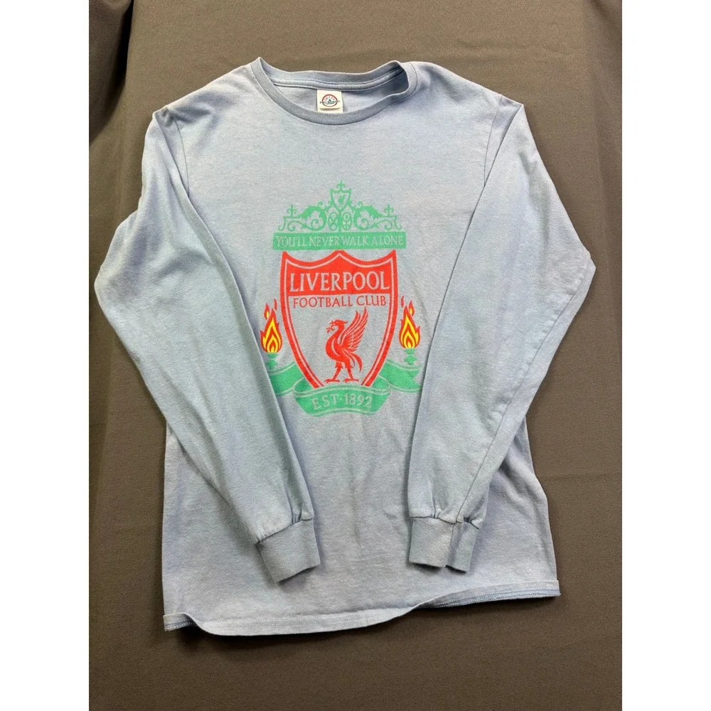Liverpool‎ FC Kids Long Sleeve Graphic T-Shirt Light Blue LFC Crest Soccer Tee S